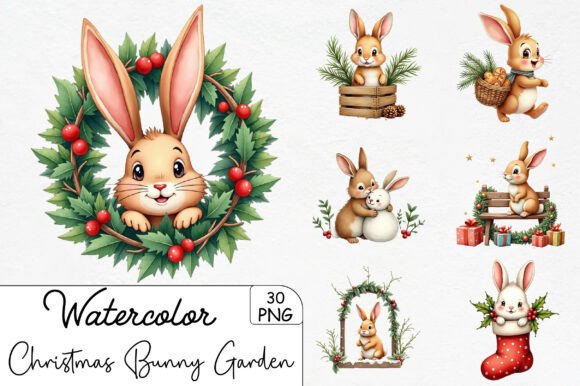 Christmas Bunny Garden Cliparts Bundle