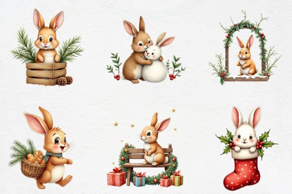 Christmas Bunny Garden Cliparts Bundle