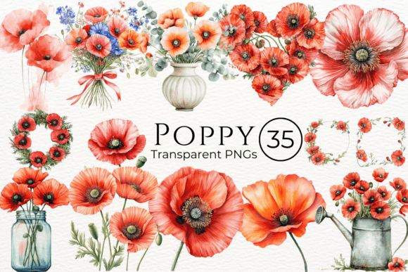 Poppy Flower Watercolor Cliparts