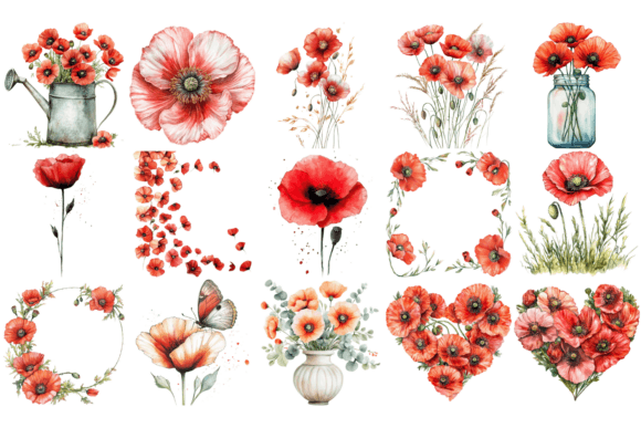 Poppy Flower Watercolor Cliparts