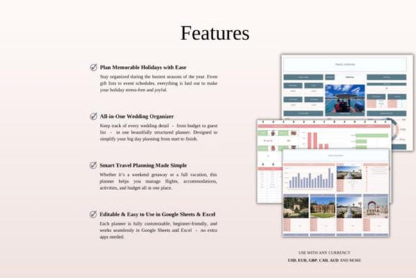 excel travel planner, excel wedding planner, excel christmas planner, excel template planner, excel planner bundle, excel planner tracker
