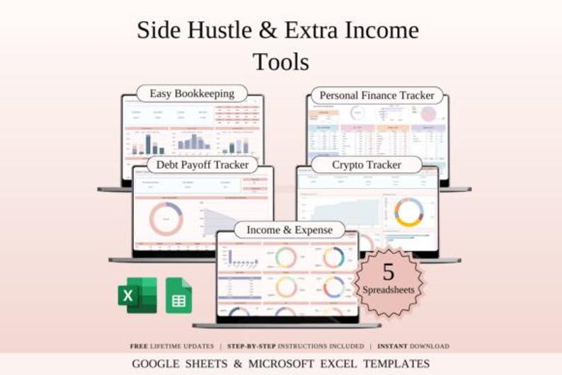 side hustle planner | side hustle tracker | income and expense tracker | crypto portfolio tracker | bookkeeping excel templates
