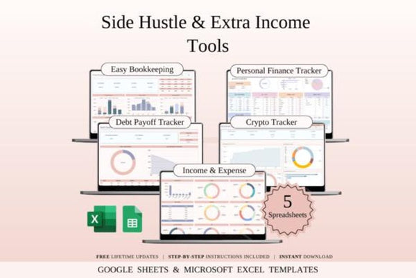 side hustle planner | side hustle tracker | income and expense tracker | crypto portfolio tracker | bookkeeping excel templates